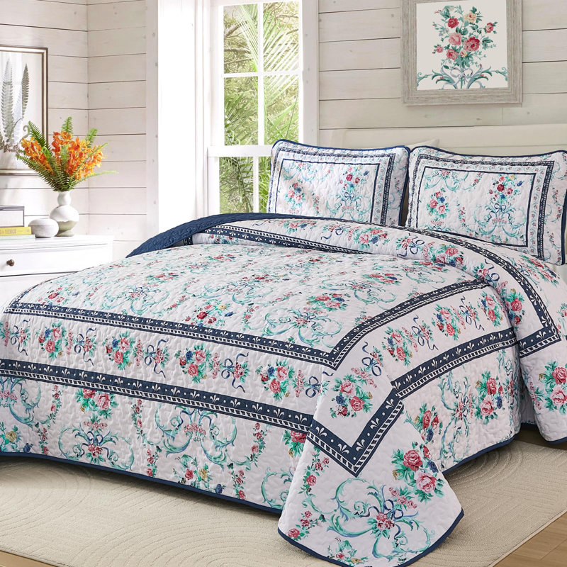 3-Piece Retro Floral Quilt Set Soft Microfiber Lightweight Bedspread for All Seasons, King Quilt + 2 Pillowcases, Dark Blue