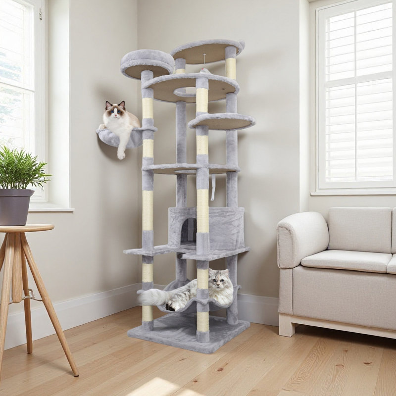 Tour pour arbre à chat 78,8 po gris clair avec base large, grand condo, poteau à griffes 12 sisal, grand hamac, grande plateforme supérieure, nombreux perchoirs et jouet interactif