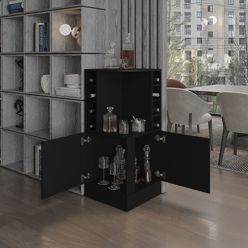 Armoire de bar en coin noire de 43 po de hauteur - 8 bouteilles de vin, salon moderne à double porte, Noir