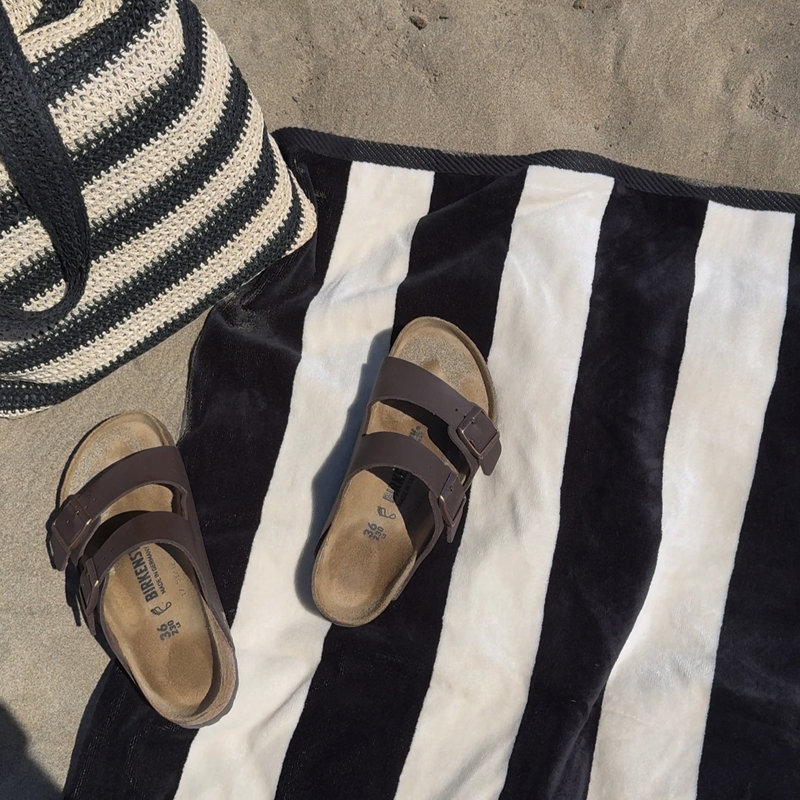 Organic Cotton Striped Beach Towel, Black/Cream Striped
