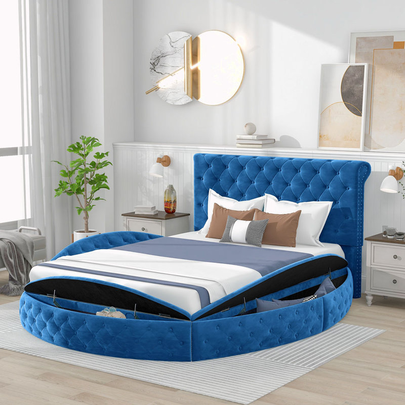 Lit plateforme avec rangement à revêtement rond, Double, Bleu
