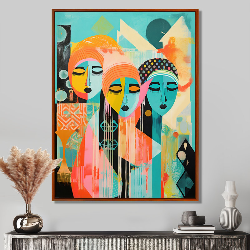 Serene Devotion Three Turquoise Woman Praying - Abstract Collages, impression d'art mural, Toile avec cadre flottant brun