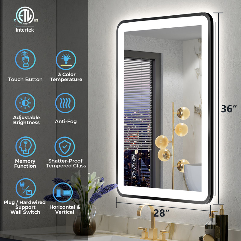 Hyosvany Matte Black Matel Framed LED Vanity Mirror with Front-lit and Back-lit, Memory Function, 3 Color Temperatures, Dimmable Light & Anti-fog Tempered Glass Mirror
