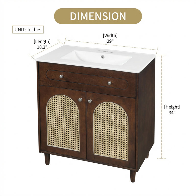 Meuble-lavabo moderne de 30 pouces avec lavabo en céramique intégré et rangement réglable, Noyer / argent