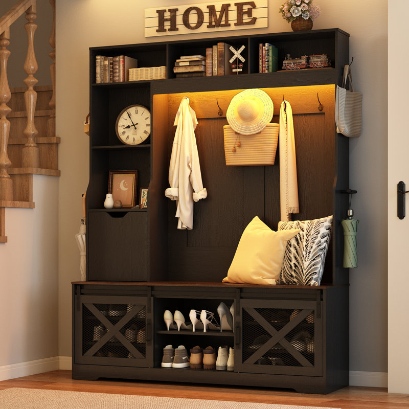 75''H LED Farmhouse Hall Tree with Bench and Shoe Storage,Entryway Bench with Coat Rack,16 Shoe Cubbies & Umbrella Holder and Sock Storage Drawer,Mudroom/Hallway Storages Cabinet