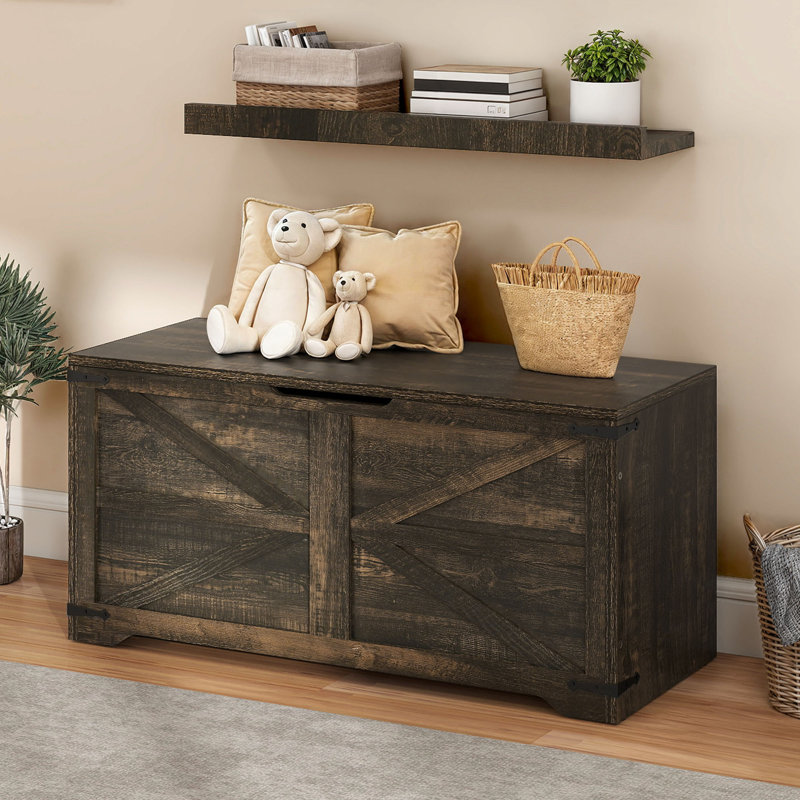 Farmhouse Wooden Storage Box Trunk Bench Chest, With Safety Hinge For Entryway Bedroom Living Room, Brown