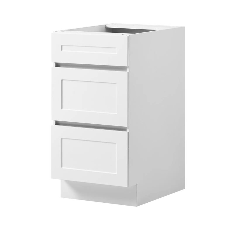 Meuble bas blanc de style Shaker, à monter soi-même, largeur 45,7 cm (18 po), dimensions (non assemblé) : 45,7 cm (18 po) L x 61 cm (24 po) P x 87,6 cm (34,5 po) H, avec 3 tiroirs, fermeture amortie et chants plaqués. Parfait pour la maison, le bureau et la buanderie.