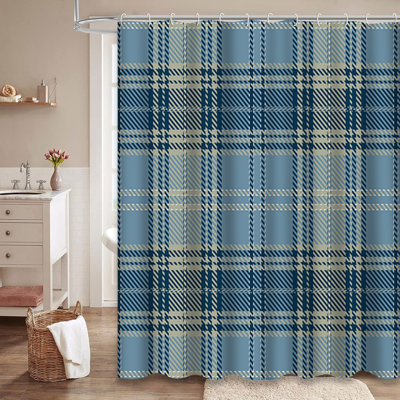 Tartan Black Blue White Plaid Abstract Shower Curtain with 12 Hooks