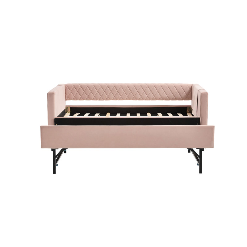 Lit de jour en velours rose avec grille en diamant moderne, conception escamotable, cadre de lit, convient à la chambre à coucher et au lit d'invité, grille de construction, configuration de pièce