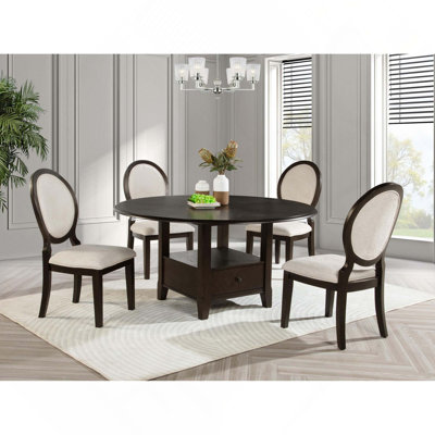 Ensemble de table de salle à manger 5 pièces, table ronde en bois avec 1 tiroir, 4 tablettes et 4 chaises d'appoint