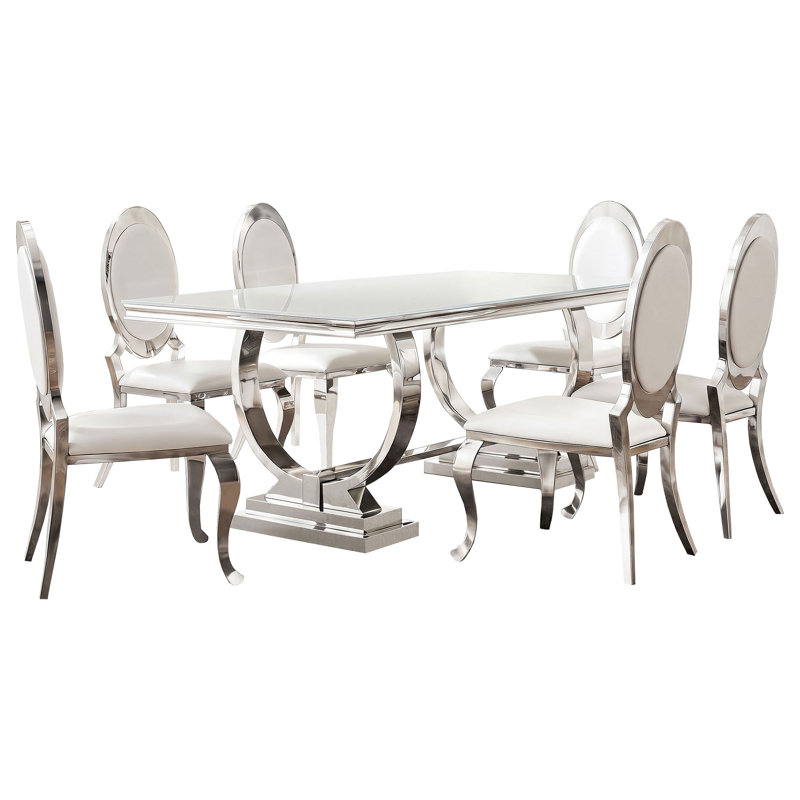 Ensemble de salle à manger Antoine 7 pièces en verre trempé blanc, chaises blanc crème