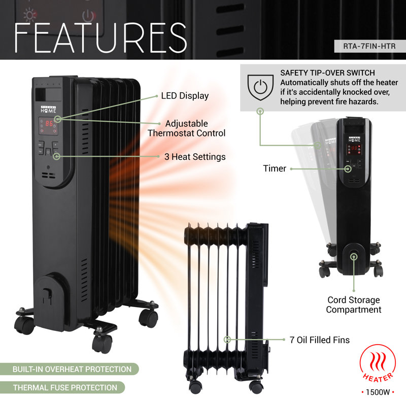 Techni Home Oil-Filled Radiator Space Heater, 7 Fins, Adjustable Thermostat, 3 Heat Settings (Low/Med/High), LED Display, Tip-Over & Overheat Protection, Portable Electric Heater for Indoor Use