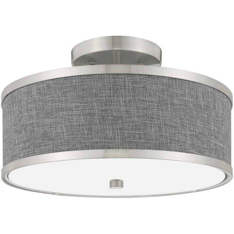 Plafonnier semi-encastré en tissu Enda, Nickel brossé, H 8 po x l 13 po x P 13 po, gris