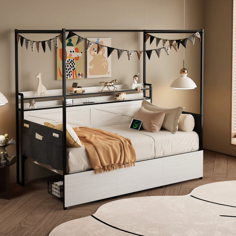 Lit simple, blanc et moderne, avec 3 tiroirs de rangement, station de charge, garde-corps de style moderne dans un cadre de lit moderne équipé d'un ensemble de lumières à DEL pour