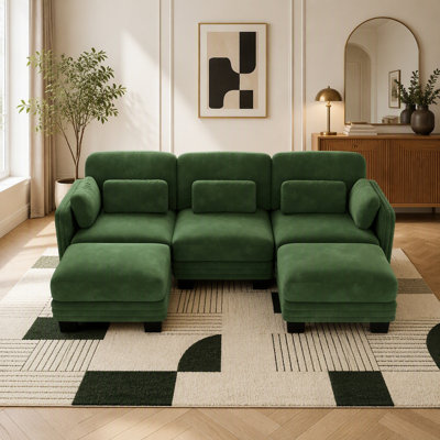 Channel Tufted Design Modern Minimalist Modular Sectional 3 Seater Sofa, with 2 Movable Ottomans and Thick Comfortable Seat Cushions, Suitable for Living Room