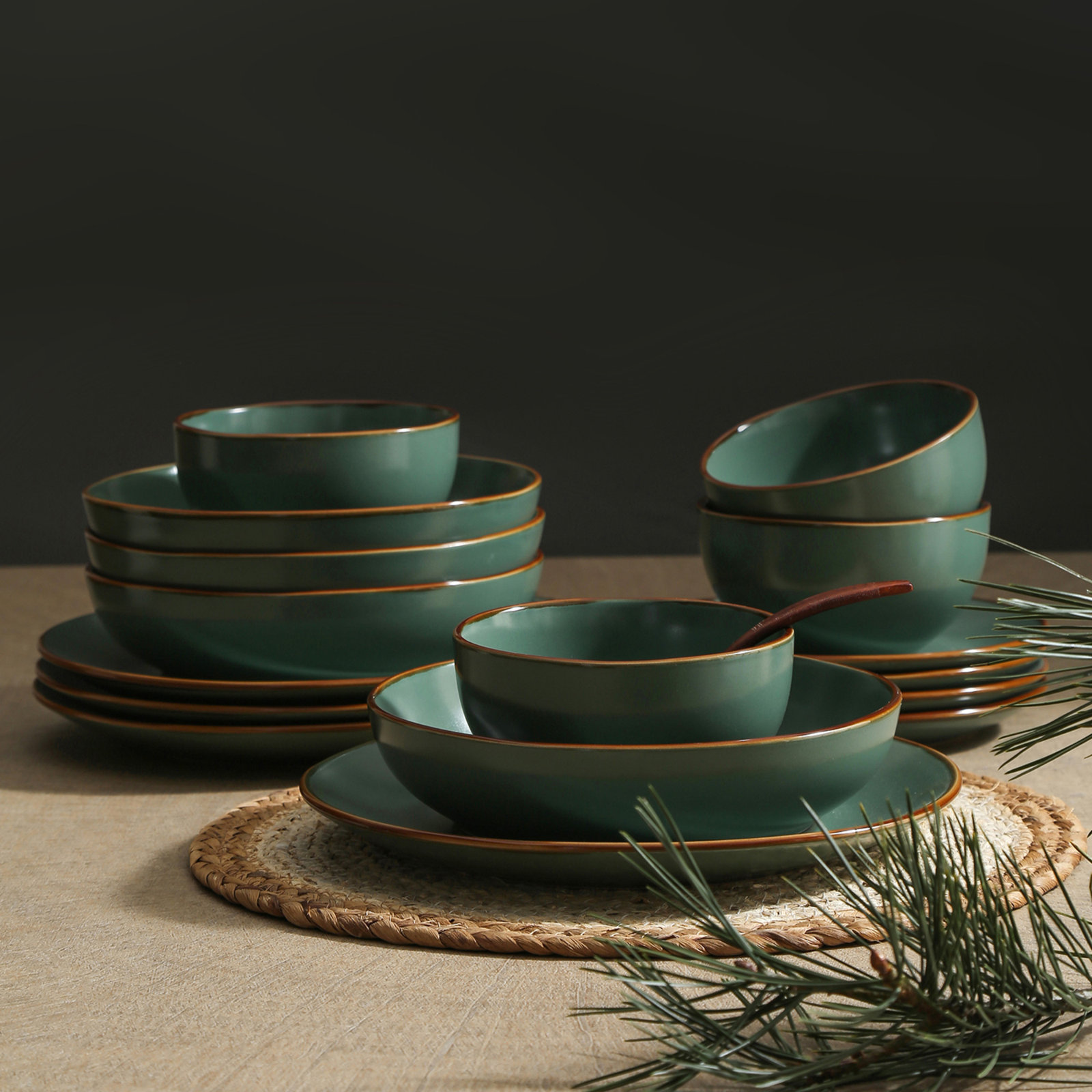 Brasa Dinnerware Set Stoneware, Green, 32
