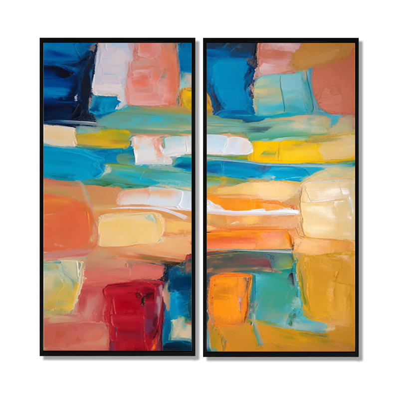 «Clete Vibrant Cubist Colourfields» - art mural moderne bleu, H 40 po x l 40 po, Noir, Reproduction avec cadre flottant