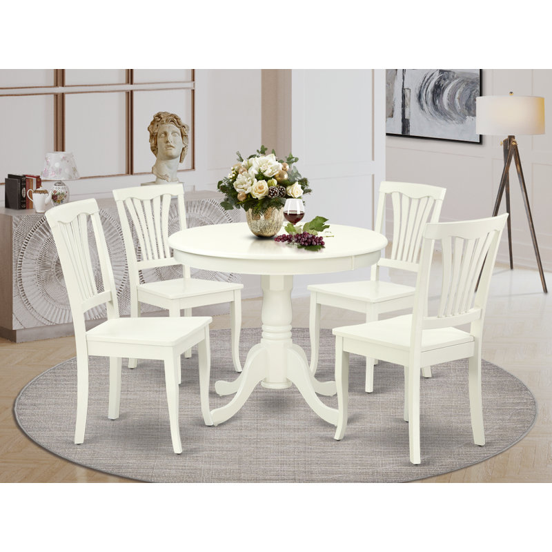5 Piece Dining Room Table Set Includes a Round Kitchen Table with Pedestal and 4 Dining Chairs, 36x36 Inch, Linen White