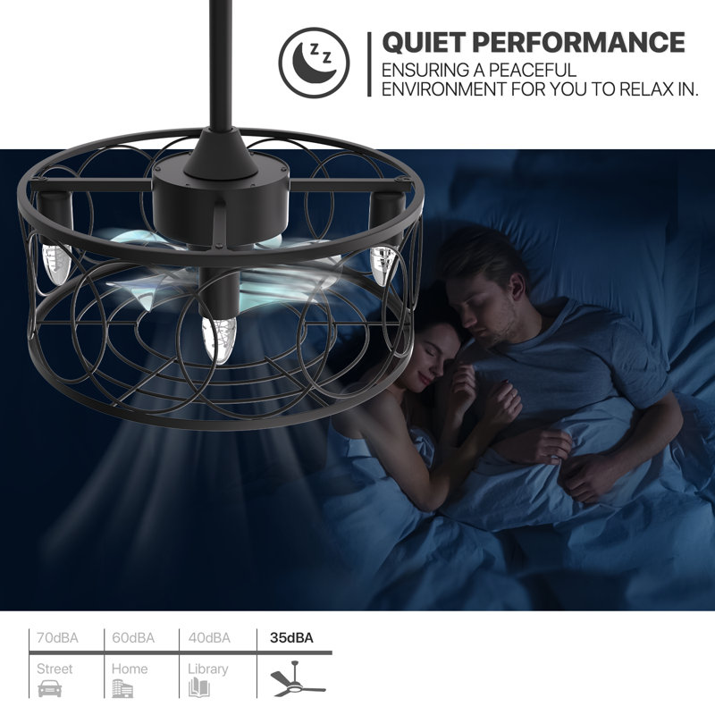 Black 18" Iron Caged Ceiling Fan with LED Light and Remote