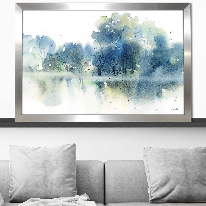 «Blue Pond Reflections» par Katrina Pete - Peinture, H 27,5 po x l 39,5 po x P 0,75 po, Encadrement argenté