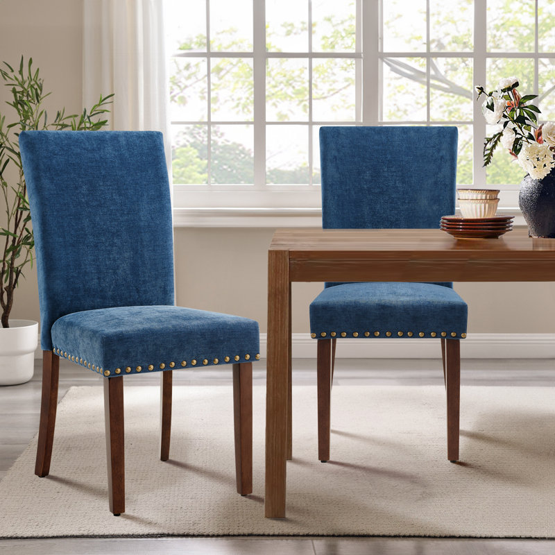 Upholstered Dining Side Chair with High Back and Nailhead Trim, Solid Wood Legs, Modern Parsons for Dining Room, Blue