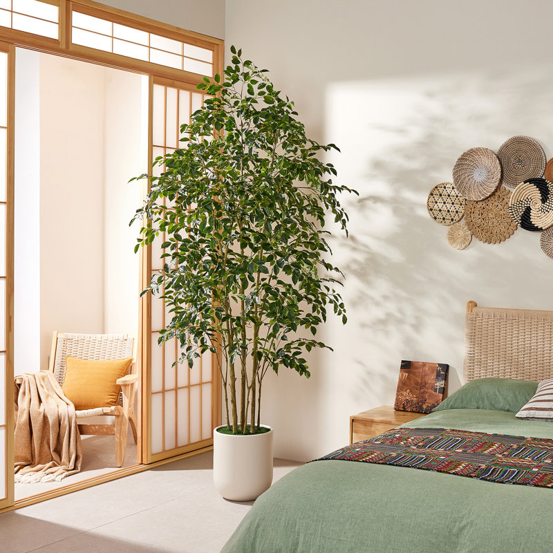 Ficus artificiel de 8 pi dans un pot à fleurs blanc crème, faux banian Real-Touch multi-troncs, 96