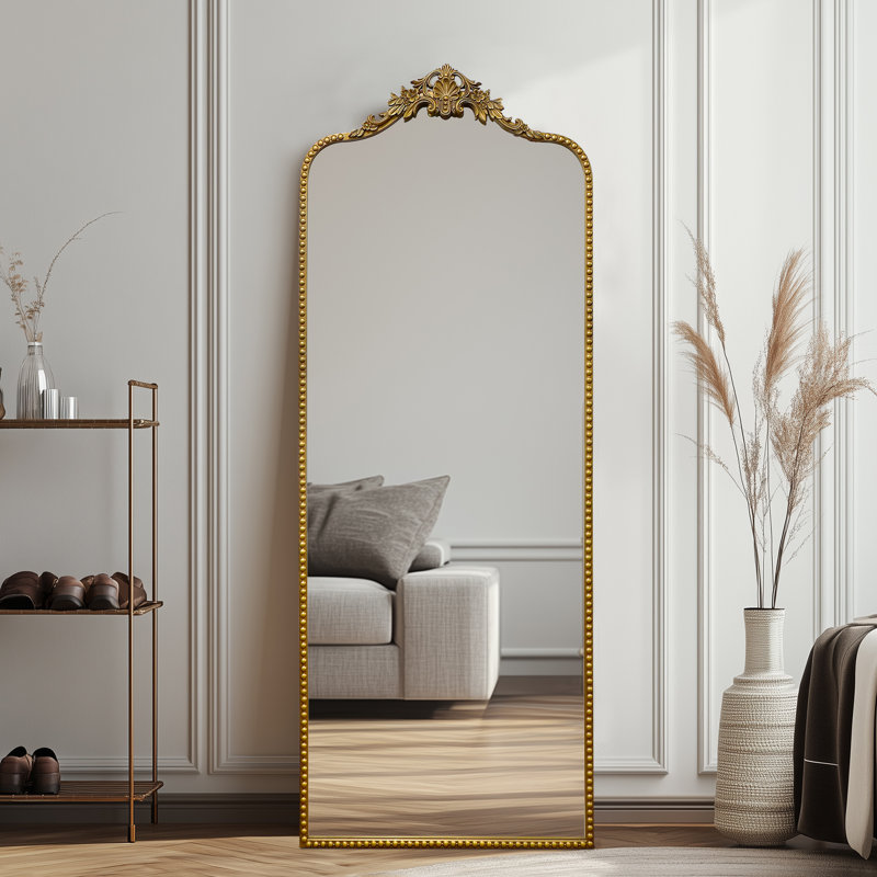 Miroir de plancher arqué antique, 75 po x 30 po, Or rétro