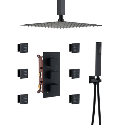 Herathena 3 Functions Ceiling Mounted Thermostatic Shower System with 6 Body Jets