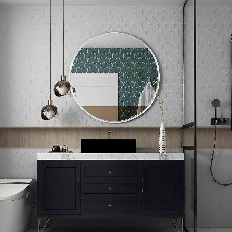 Miroir rond en métal, 32" x 32", Silver, Métal métal