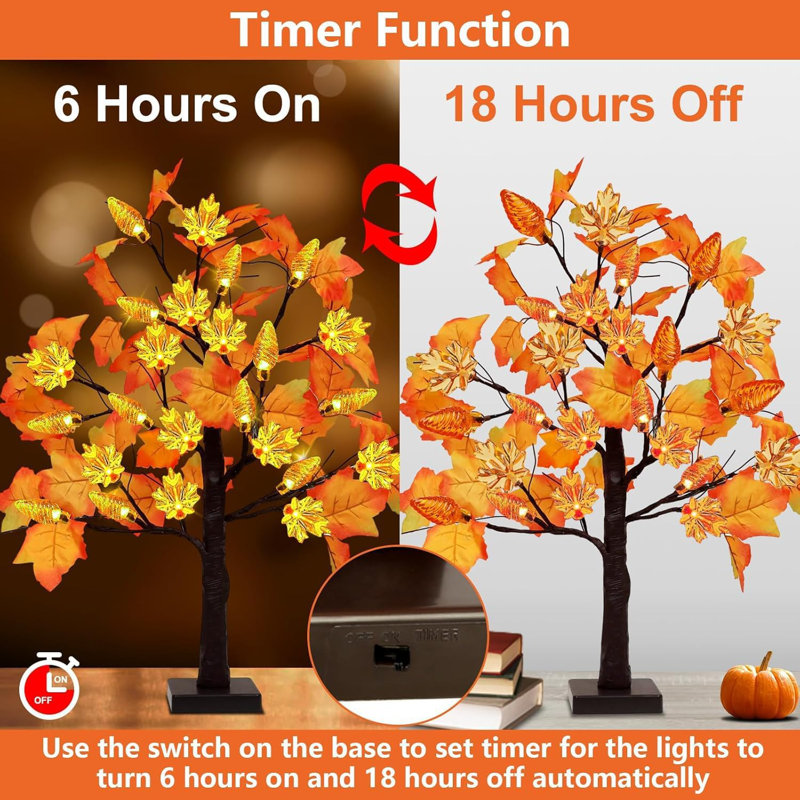 2 Pack 24 Inch Prelit Fall Maple Tree Thanksgiving Decorations With 48 LED Lights