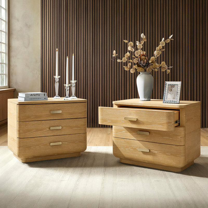 Waynesville Modern 30"W 3-Drawer Oak Wood Fully Assembled Nightstand with Built-In Powerstation and USB, Natural