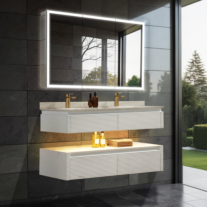 Meuble-lavabo mural simple en bois massif de 48 po avec comptoir en pierre et lumière, Blanc