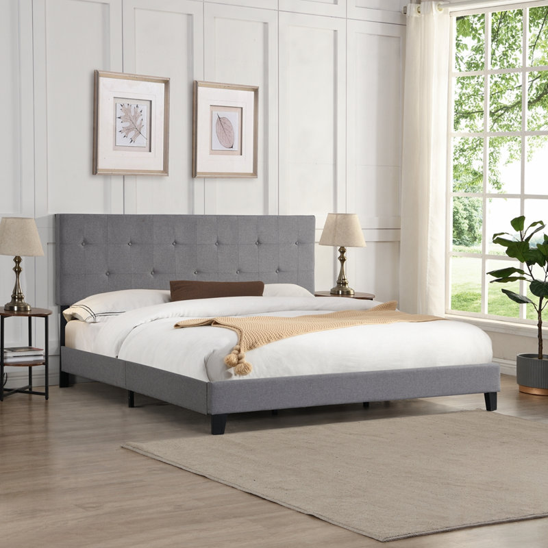 Structure de lit plateforme tapissier avec tête de lit capitonnée en tissu de lin, aucun sommier requis, support à lattes de bois