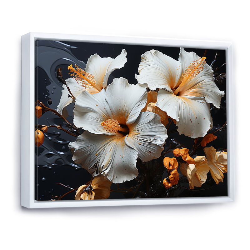 «Hibiscus Orange Blossums» sur toile, Cadre flottant blanc, H 34 po x l 44 po x P 1,5 po