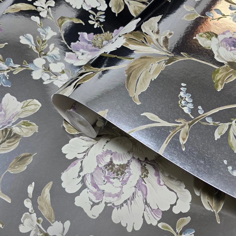 Papier peint fleurs de pivoines à fleurs argentées