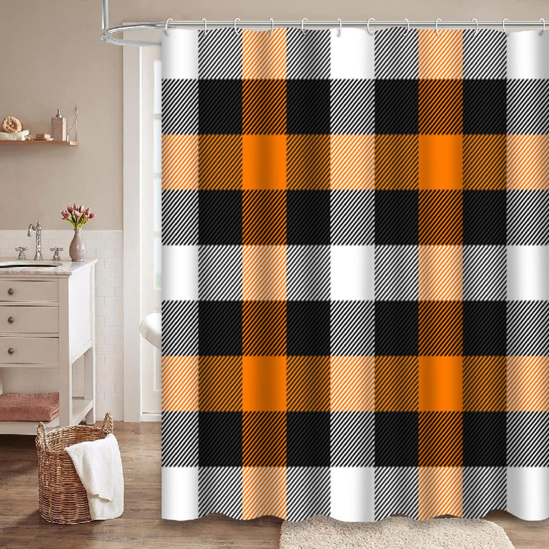 Rideau de douche Halloween à carreaux orange avec 12 crochets, L 72 po x l 84 po