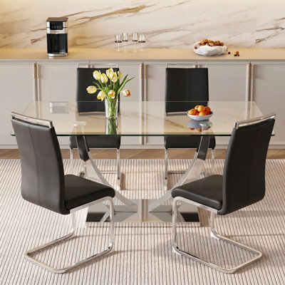 Modern 63" Rectangular Glass Dining Set with Metal Base