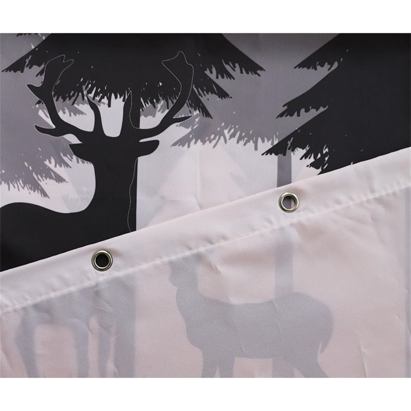 Forest Mountain RV Shower and Bath Curtain with Camper Design - Waterproof Happy Camp Pattern, Fabric Decor Set with Hooks - Grey Black, 47x64 Inches
