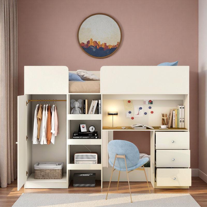 Lit mezzanine avec garde-robe intégré, bureau, tablettes de rangement et tiroirs, Beige