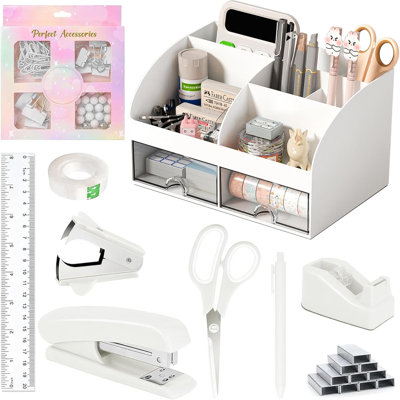 White All In One Desk Organizer Set Multi Pieces Office Stationery Supplies with Pen Holder Stapler Tape Dispenser