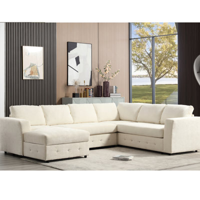 Upholstered Living Room Furniture With Storage, 110.29" Sectional, Chenille, Crystal Buttons, Beige Modern Style Modular Substantial Storage Compartment, Chenille Upholstery, Button Trim, For Home
