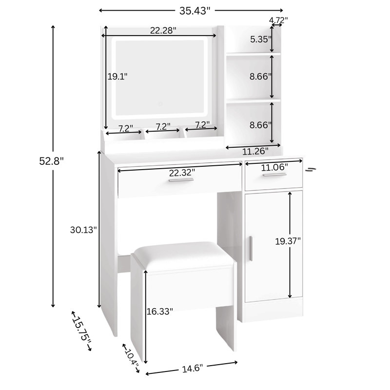 Ensemble de coiffeuse, bureau de coiffeuse avec tabouret, miroir lumineux à DEL et station de charge, Blanc