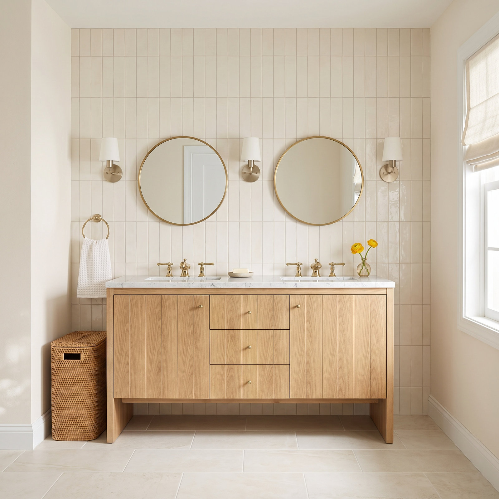 Hudson 60" Double Bathroom Vanity, Eternal Jasmine Pearl, Light Natural Oak