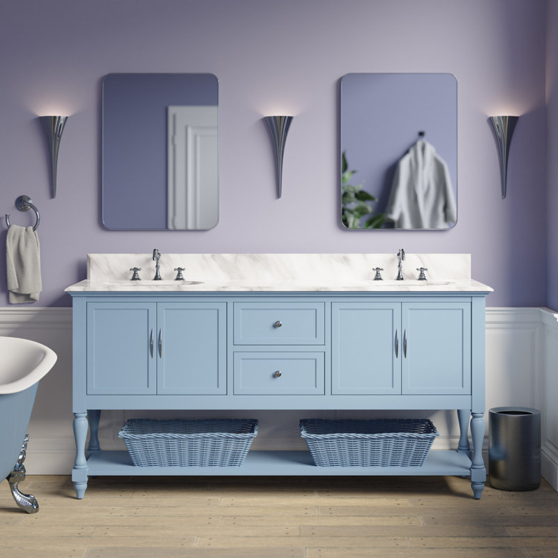 Ensemble de meuble-lavabo double 72 po Hampton, Marbre de Carrare, Bleu poudre