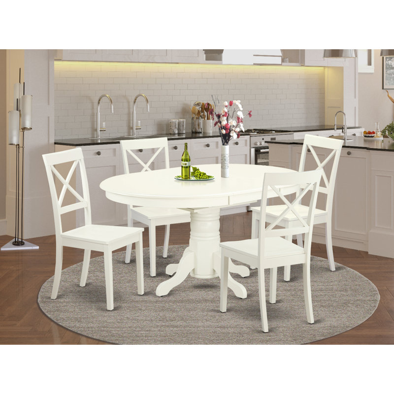 Ensemble de table de salle à manger 5 pièces moderne comprenant une table ovale en bois avec rallonge papillon et 4 chaises de salle à manger, lin blanc