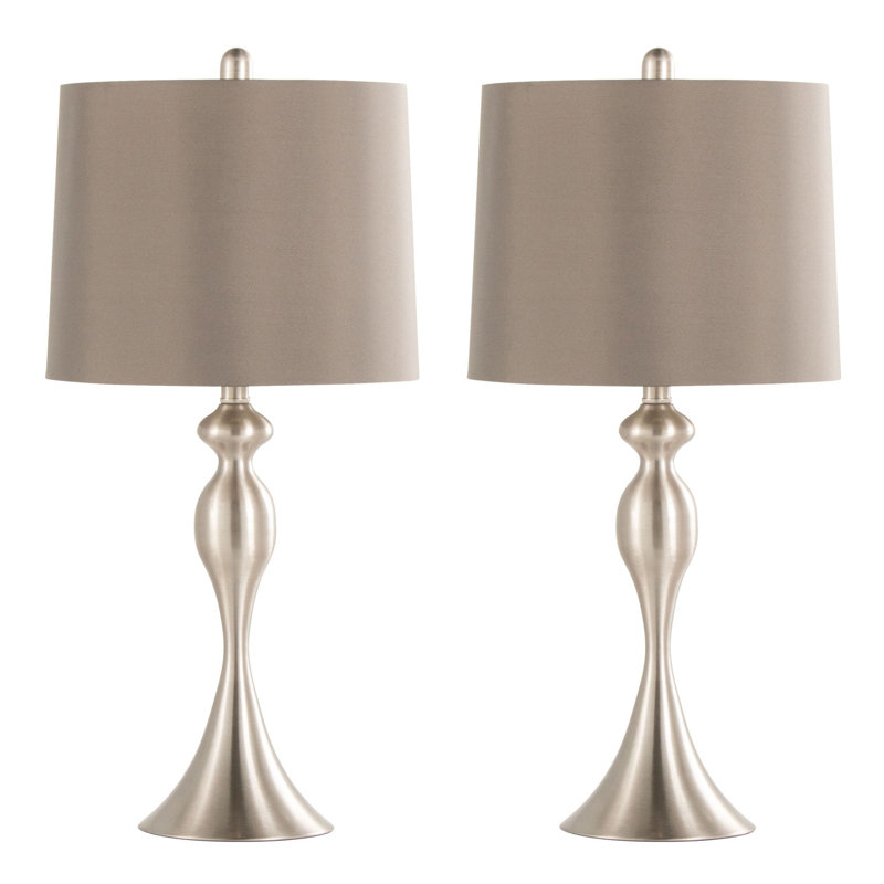 Lampe de table contemporaine en métal 27 ", nickel brossé avec abat-jour satiné taupe, ensemble de 2