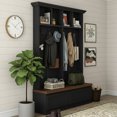 56'' W Farmhouse Hall Tree Bench - 4-in-1 Entryway Storage with 2 Drawers, Coat Rack - Black