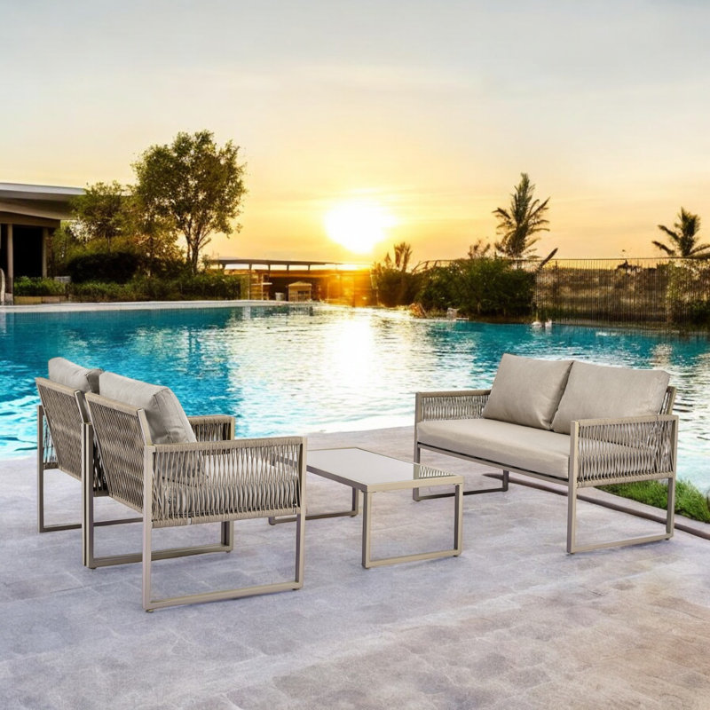 Khaki Outdoor Patio Backyard Furniture Garden Lounge Set For 4 People With Glass Coffee Table