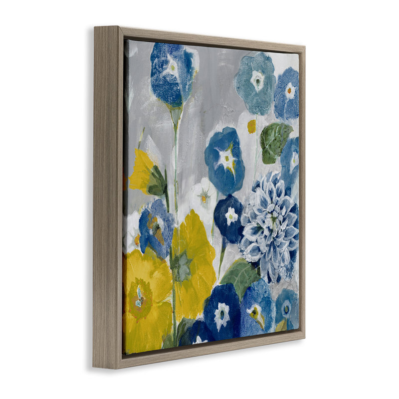 Coquelicots abstraits bleus et jaunes, H 18 po x l 18 po, Cadre flottant orme Montalcino