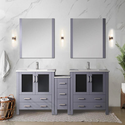 72 po W Double meuble-lavabo de couleur gris foncé, comptoir en céramique blanche, 28 miroirs, fonctionnalité de fermeture en douceur, grand espace de rangement dans les armoires et les tiroirs intérieurs larges, ton, caractéristique, abondant